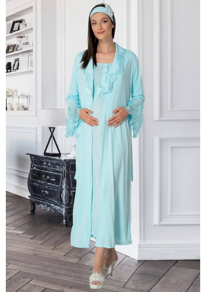 Pijama Kadın Turkuaz Sabahlıklı Lohusa Gecelik Takım 5354