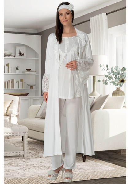 Pijama Kadın Ekru Sabahlıklı Lohusa Pijama Takımı 5353