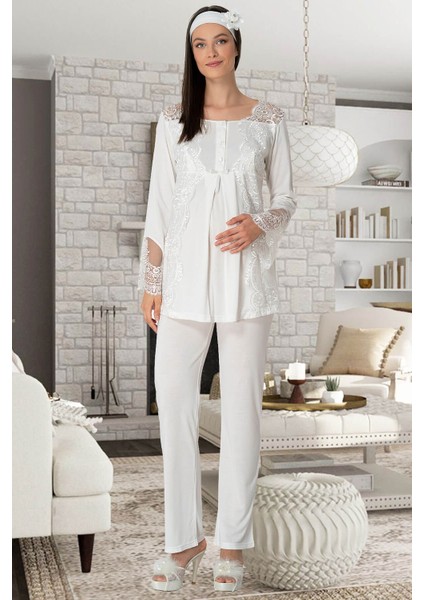 Pijama Kadın Ekru Sabahlıklı Lohusa Pijama Takımı 5353