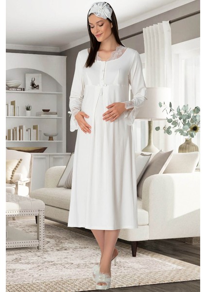 Pijama Kadın Ekru Hamile Lohusa Gecelik 5312