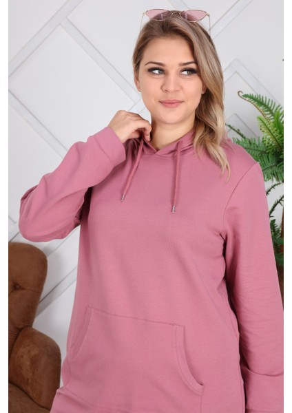 Kapşonlu Uzun Büyük Beden Gülkurusu Sweatshirt