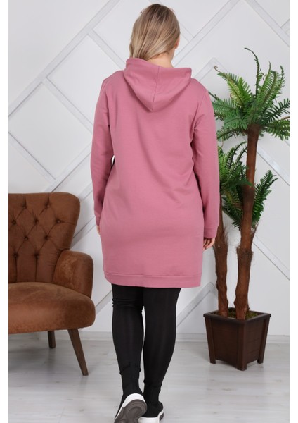 Kapşonlu Uzun Büyük Beden Gülkurusu Sweatshirt