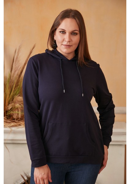 Kapşonlu Büyük Beden Lacivert Sweatshirt