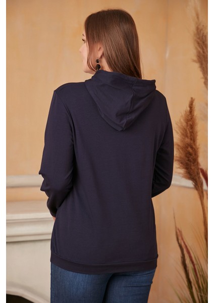 Kapşonlu Büyük Beden Lacivert Sweatshirt