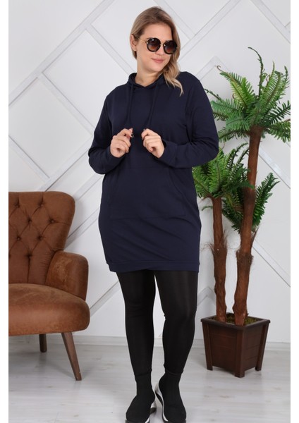 Kapşonlu Uzun Büyük Beden Lacivert Sweatshirt