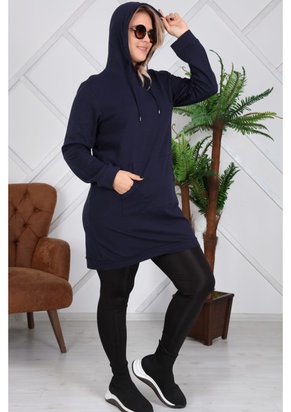 Kapşonlu Uzun Büyük Beden Lacivert Sweatshirt