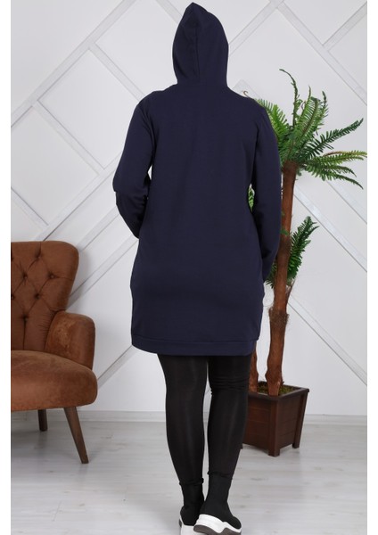 Kapşonlu Uzun Büyük Beden Lacivert Sweatshirt