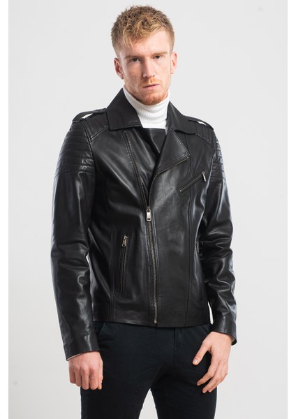 Ata Leather Erkek Siyah Biker Deri Mont