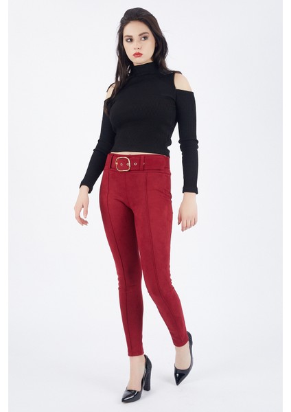 Beli Kumaş Kaplama Kemerli Önü Çıma Dikiş Ütü İzli Dar Paça Süet Pantolon | PNT32569 fırsatları