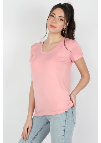 Kadın Viskon Kısa Kollu Tişört Pembe