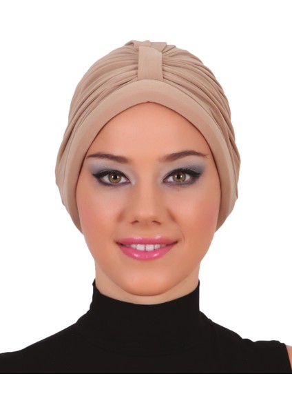 Bantlı Bej Hazır Türban Tesettür Havuz Bonesi