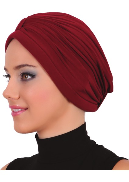 Bantlı Bordo Hazır Türban Tesettür Havuz Bonesi