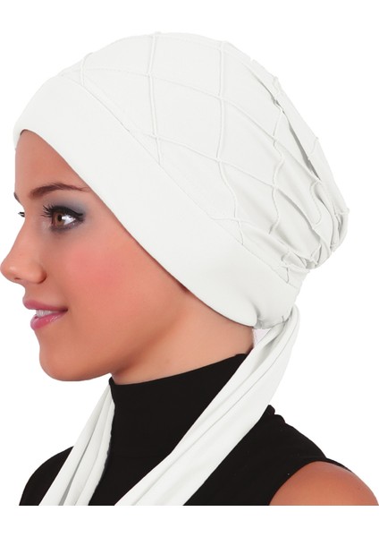 Nervürlü Bağlama Krem Hazır Türban Tesettür Bone