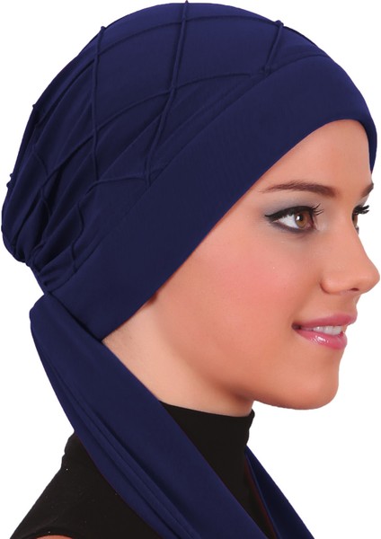 Nervürlü Bağlama Lacivert Hazır Türban Tesettür Bone