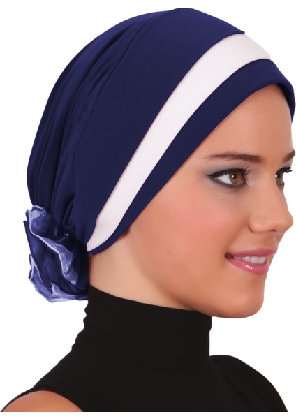 Katlı Arkası Organze Güllü Lacivert-Krem Hazır Türban Tesettür Bone