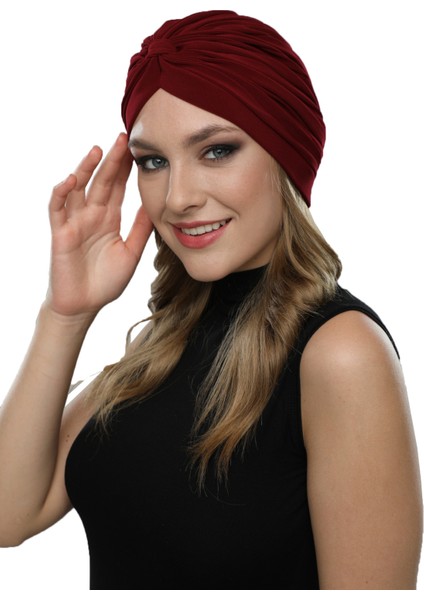 Çapraz Bantlı Bordo Hazır Türban Tesettür Havuz Bonesi