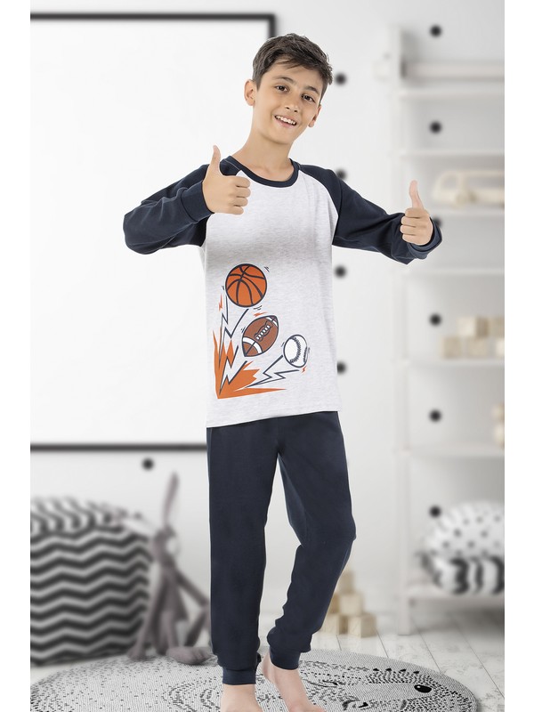 Kazan Kids Erkek Çocuk Gri Melanj Spor Temalı Reglan Kol Pijama Takımı