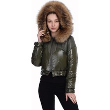 Franko Armondi Kadın Deri Spor Mont Kapşonlu Beli Lastikli Kumaş Haki Ebk-1472-19731 Fa2