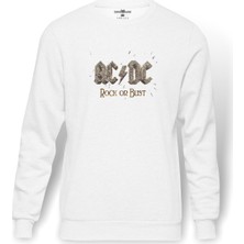 Tshirthane Ac Dc Rock Or Bust Logo Baskılı Beyaz Erkek Örme Sweatshirt Uzun Kol