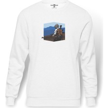 Tshirthane Pubg Sniper Mountain Baskılı Beyaz Erkek Örme Sweatshirt Uzun Kol