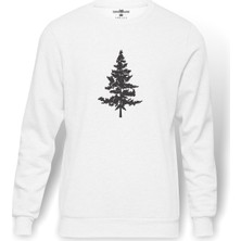 Tshirthane Silhouette Red Cedar Tree Baskılı Beyaz Erkek Örme Sweatshirt Uzun Kol