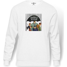 Tshirthane The Umbrella Academy Gang Rain Baskılı Beyaz Erkek Örme Sweatshirt Uzun Kol