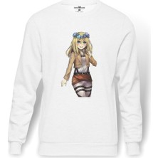 Tshirthane Anime Attack On Titan Baskılı Beyaz Erkek Örme Sweatshirt Uzun Kol
