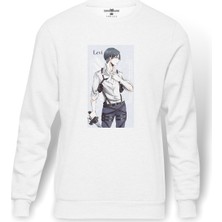 Tshirthane Anime Attack On Titan Baskılı Beyaz Erkek Örme Sweatshirt Uzun Kol