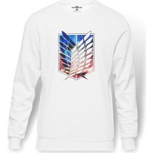 Tshirthane Anime Attack On Titan Baskılı Beyaz Erkek Örme Sweatshirt Uzun Kol