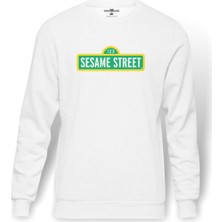 Tshirthane Susam Sokağı Baskılı Beyaz Erkek Örme Sweatshirt Uzun Kol