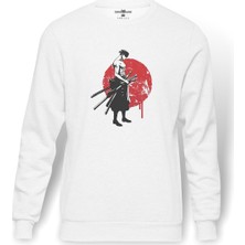Tshirthane Anime One Piece Ninja Kılınç Baskılı Beyaz Erkek Örme Sweatshirt Uzun Kol