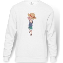 Tshirthane Anime One Piece Luffy Straw Baskılı Beyaz Erkek Örme Sweatshirt Uzun Kol