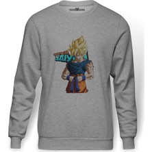 Tshirthane Anime Dragon Ball Baskılı Gri Erkek Örme Sweatshirt Uzun Kol