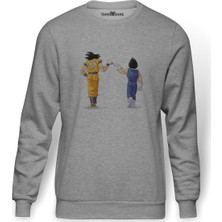 Tshirthane Anime Dragon Ball Baskılı Gri Erkek Örme Sweatshirt Uzun Kol