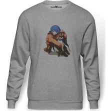 Tshirthane Anime Neon Genesis Evangelion Baskılı Gri Erkek Örme Sweatshirt Uzun Kol
