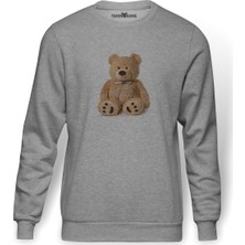 Tshirthane Peluş Ayı Bear Baskılı Gri Erkek Örme Sweatshirt Uzun Kol