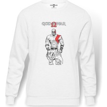 Tshirthane God Of War Kratos Baskılı Beyaz Erkek Örme Sweatshirt Uzun Kol
