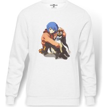 Tshirthane Anime Neon Genesis Evangelion Baskılı Beyaz Erkek Örme Sweatshirt Uzun Kol