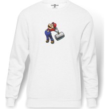 Tshirthane Mario Luigi Bowsers Inside Story Bowser Baskılı Beyaz Erkek Örme Sweatshirt Uzun Kol