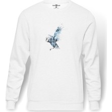 Tshirthane Mavi Ve Beyaz Baykuş Illüstrasyon Baykuş Baskılı Beyaz Erkek Örme Sweatshirt Uzun Kol