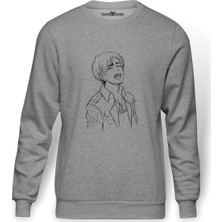 Tshirthane Anime Attack On Titan Baskılı Gri Erkek Örme Sweatshirt Uzun Kol