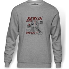 Tshirthane La Case De Papel Berlin Oslo Baskılı Gri Erkek Örme Sweatshirt Uzun Kol