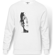 Tshirthane Anime One Punch Man Baskılı Beyaz Erkek Örme Sweatshirt Uzun Kol
