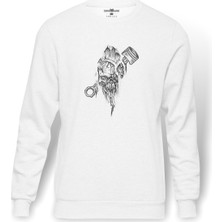 Tshirthane Iskelet Piston Baskılı Beyaz Erkek Örme Sweatshirt Uzun Kol