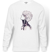 Tshirthane Anime One Punch Man Genos Baskılı Beyaz Erkek Örme Sweatshirt Uzun Kol