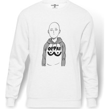Tshirthane Anime Oppai Baskılı Beyaz Erkek Örme Sweatshirt Uzun Kol