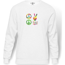 Tshirthane Peace Hippie Peace Set Of Pacifik Baskılı Beyaz Erkek Örme Sweatshirt Uzun Kol