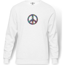Tshirthane Peace Hippie Peace Symbols Baskılı Beyaz Erkek Örme Sweatshirt Uzun Kol