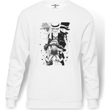Tshirthane Anime One Piece Baskılı Beyaz Erkek Örme Sweatshirt Uzun Kol