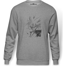 Tshirthane Anime Dragon Ball Baskılı Gri Erkek Örme Sweatshirt Uzun Kol